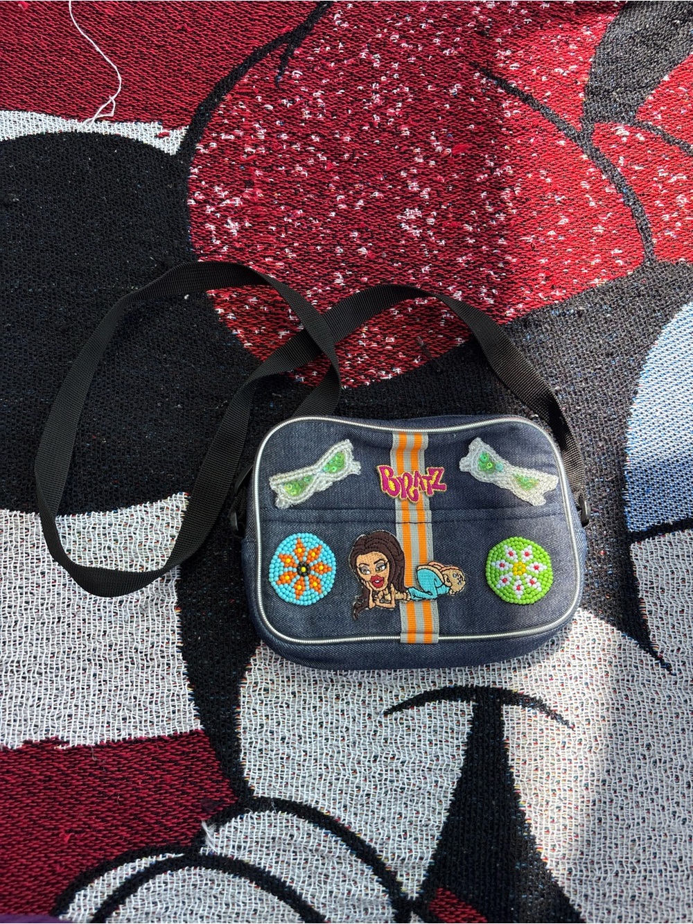 VINTAGE Y2K BRATZ SASHA BEADED PATCH DENIM JEAN CROSSBODY PURSE RARE